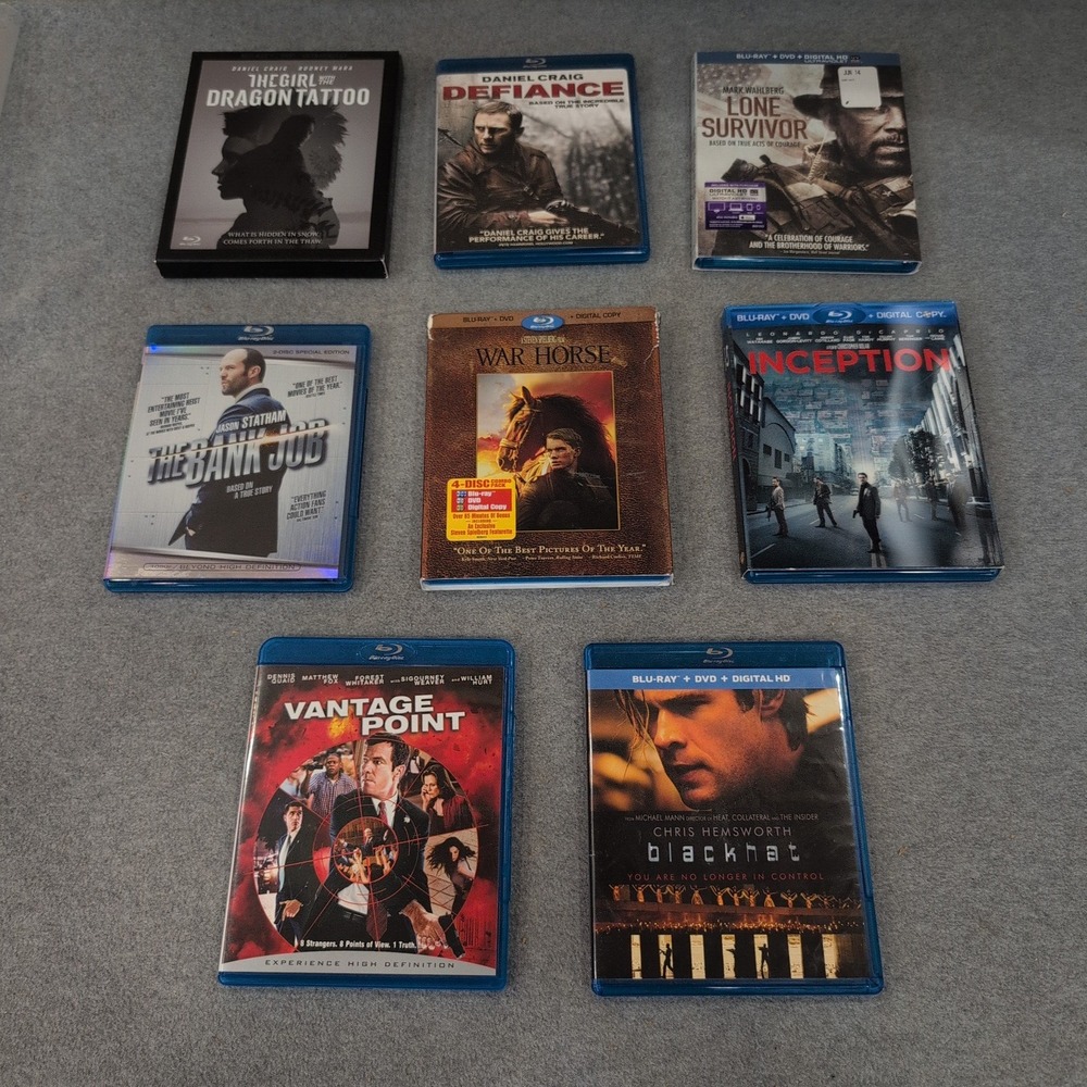 Blu-ray Action/Thriller Movie Lot 8 Films Inception Lone Survivor War Horse - Picture 1 of 2